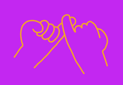 Graphic with a yellow outline of two cartoon hands with interlocking pinky fingers on a pink background
