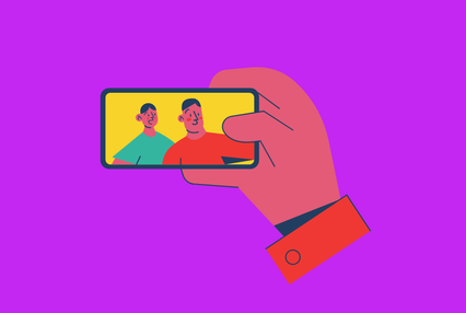 Graphic with a cartoon hand holding a smartphone taking a selfie of two friends